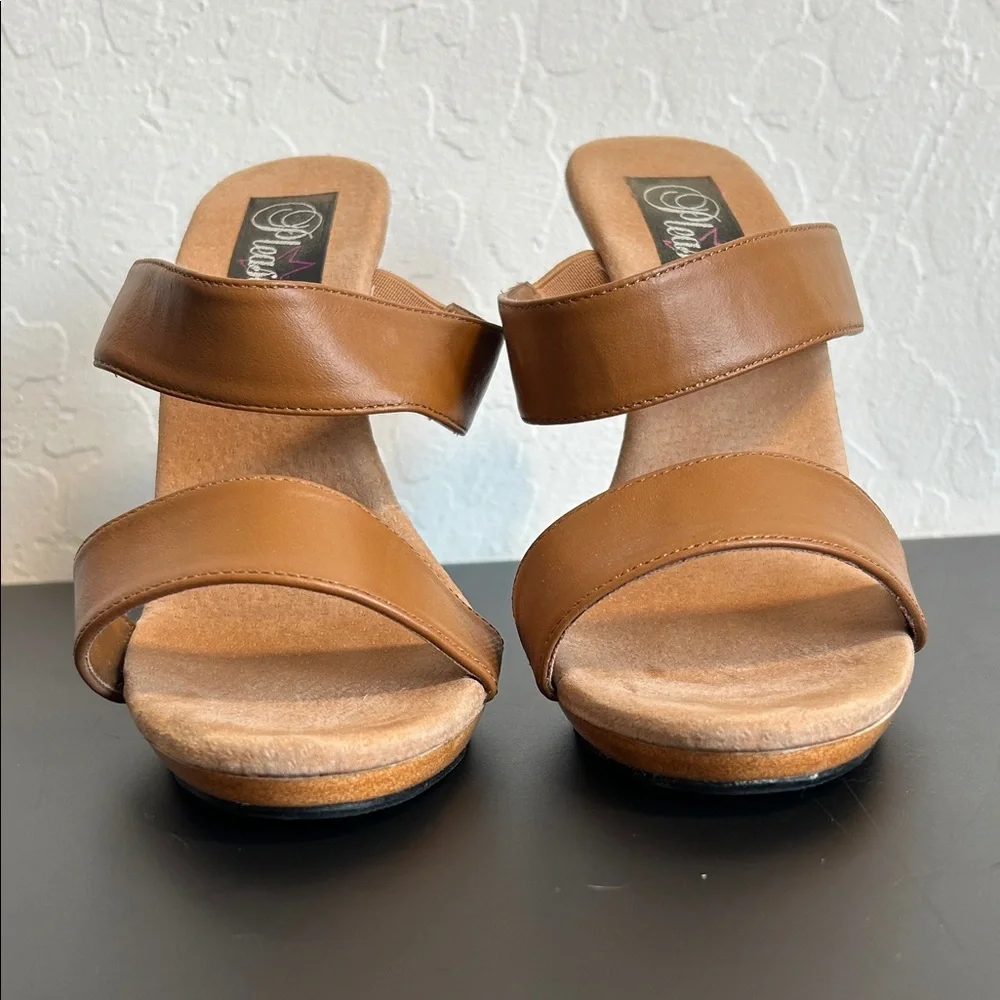NWOT Women's Leather Strap Tan High Heel Sandal Mules - Picture 5 of 8